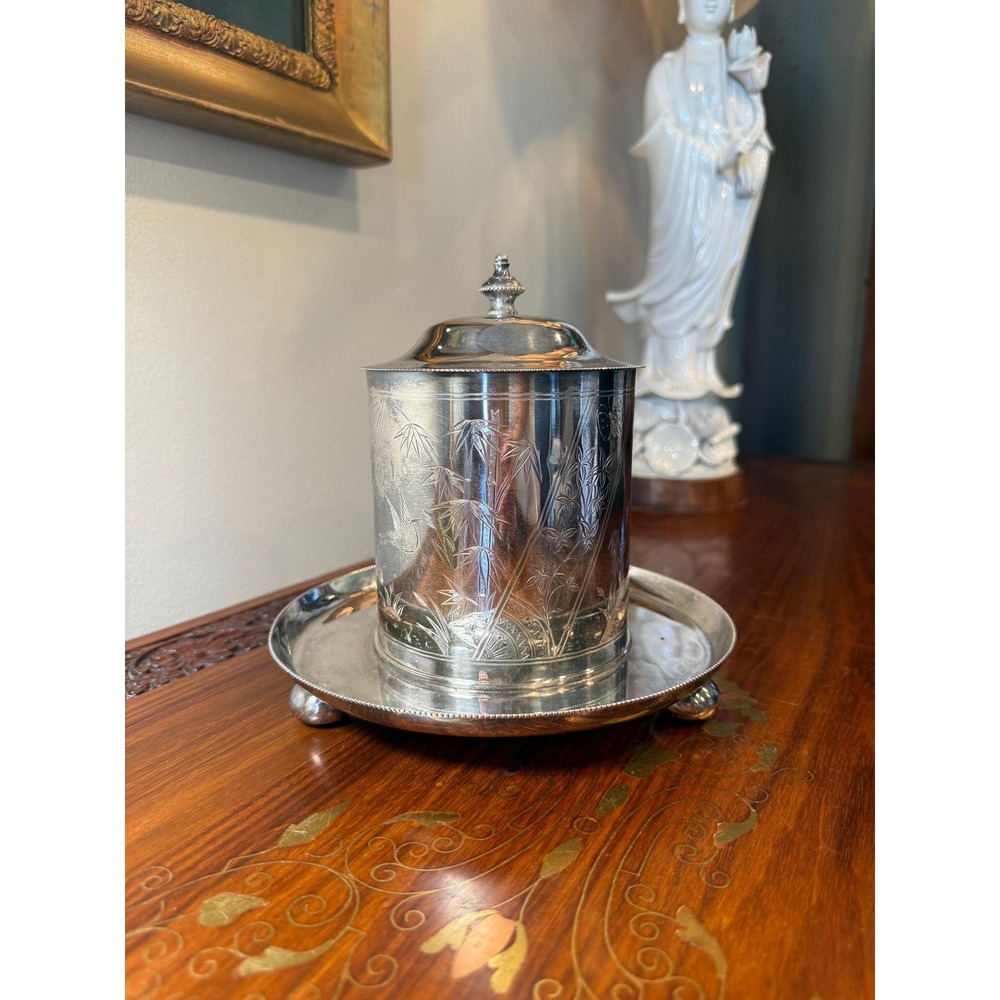 Victorian Silverplate Biscuit Box with Cobalt Blue Glass Liner‎